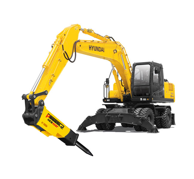 Колесный экскаватор с гидромолотом Hyundai R140W-9S в аренду с оператором